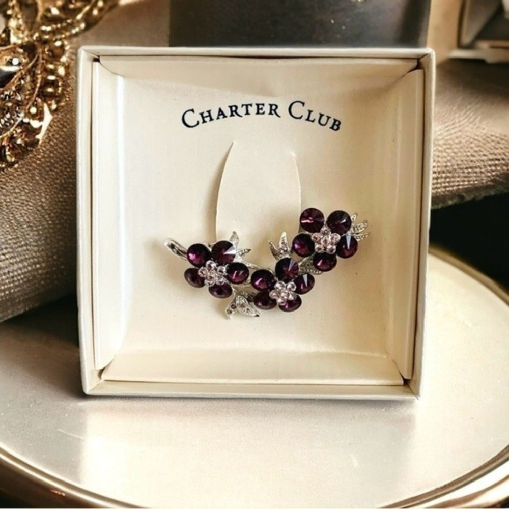 Charter Club Silver Tone Purple Clear Crystal Flower Brooch 2" Pin NIB - Picture 3 of 7